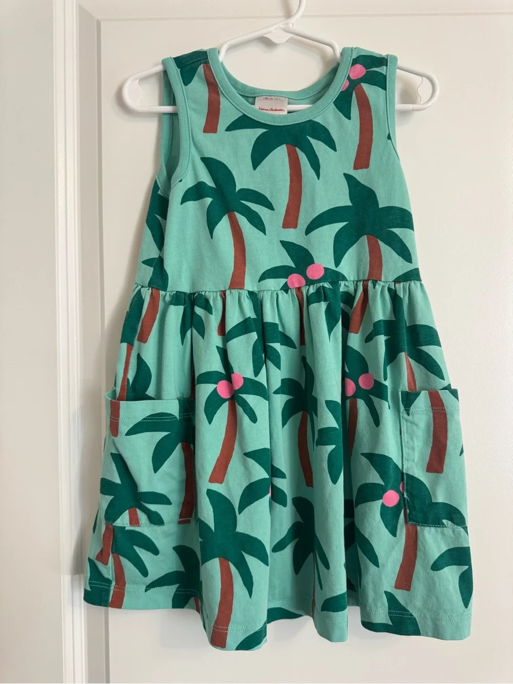 Hanna Andersson Mint Green Palm Tree Pocket Dress with Pink Accents